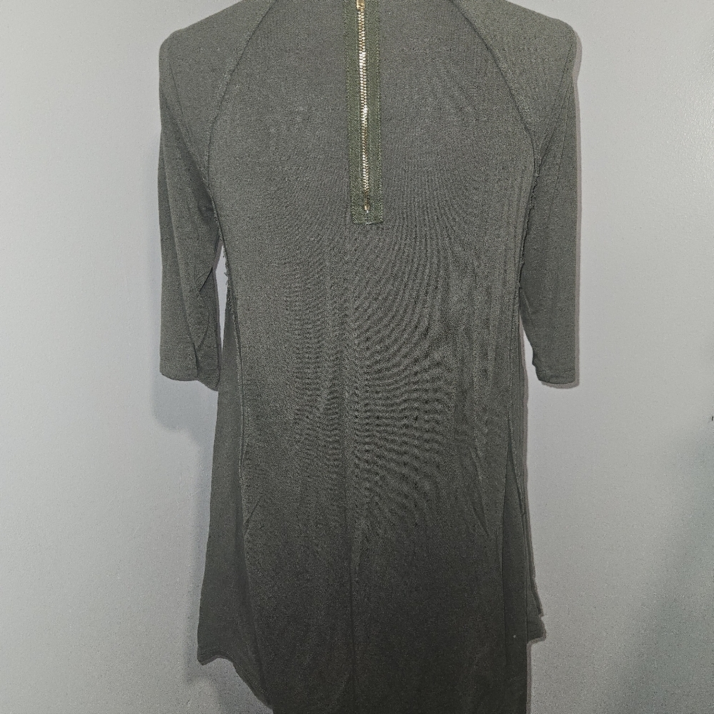 Altar'd State 3/4 Sleeve Taupe Flowy Midi Dress With Gold Zipper Detail On Back - Picture 3 of 5